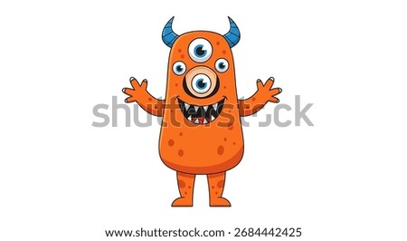 A cartoon orange monster with three eyes, horns, and a toothy grin.