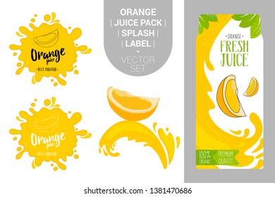 cartoon orange on juice splash. Fresh citrus juice pack with Organic labels tags and green leaves. Colorful tropical stickers. Juicy fruit badges with splash. Fruit vector package set