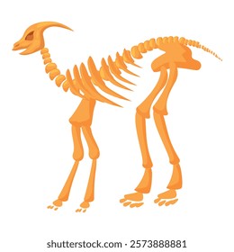 Cartoon orange parasaurolophus dinosaur skeleton standing on two legs