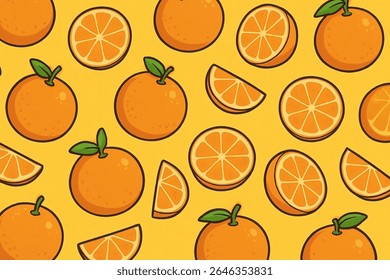 Cartoon orange pattern on yellow background - Features cute whole oranges, slices, and leaves, perfect for fabric, packaging, wallpapers, and cheerful summer designs.
