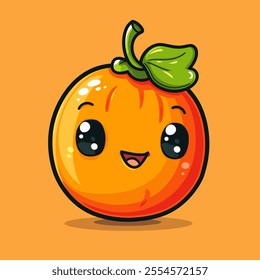 Cartoon orange Persimmon with a green leaf on top. The pumpkin is smiling and has a happy expression