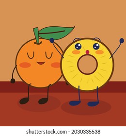 cartoon orange and pineapple brown background