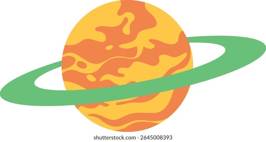 Planeta laranja de desenhos animados com anéis verdes em estilo Saturno, ótimo para materiais educativos, visuais espaciais e ilustrações infantis.