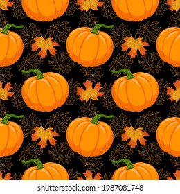 Cartoon orange Pumpkin and Autumn maple falling leaves vector seamless pattern. Hand drawn background for Fall season, Harvest, Thanksgiving Day prints, fabric, textile, greeting card, invitation