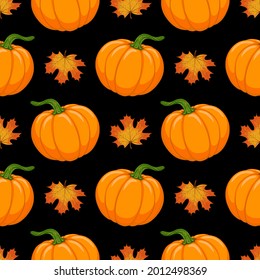 Cartoon orange Pumpkin and Autumn maple falling leaves vector seamless pattern. Hand drawn black background for Fall season, Harvest, Thanksgiving Day print, fabric, textile, greeting card, invitation