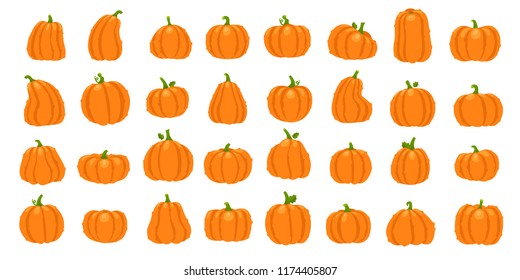 Cartoon orange pumpkin. Halloween october holiday decorative cute traditional pumpkins signs. Yellow gourd, healthy squash vegetable autumn farm nature vector isolated icon illustration set