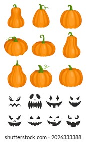 Cartoon orange pumpkin jack lantern, angry carved black faces for autumn helloween party isolated on white. Halloween pumpkins and smiling scary ghost faces with creepy teeth.