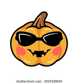 Cartoon orange pumpkin with sunglasess and happy face expression