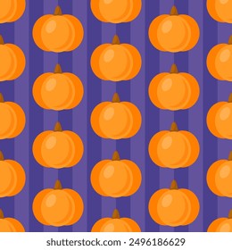 Cartoon orange pumpkins on purple stripes background. Vibrant Halloween seamless pattern.
