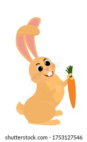 Cartoon orange rabbit with carrots. smiling hare isolated on a bcl background. illustration of a healthy diet, dental care.
