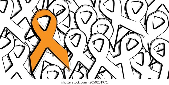 Cartoon orange ribbon awareness month. World Kidney Day and symbol of leukemia, RSD, ADHD, ADD and animal abuse concept. Cancer pictogram. Vector. Healthcare and medicine concept.  Orange the world