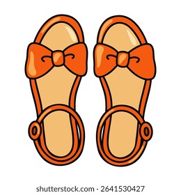 Cartoon orange sandals with cute bows and ankle straps. Stylish open toe summer shoes for girls and women 