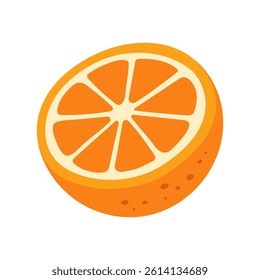 A cartoon orange slice with a white background. The orange slice is cut in half and has a few small black spots