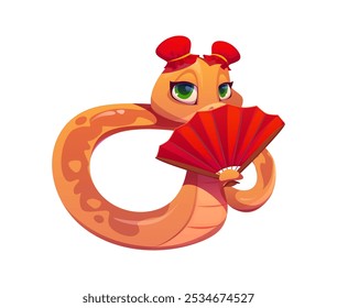 Cartoon orange snake character holding a red fan, wearing a traditional red headdress. Isolated vector reptile zodiac animal with a soft expression and elegant pose represents Chinese 2025 lunar year