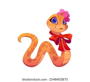 Personaje de la serpiente naranja de dibujos animados con una sonrisa dulce y ojos azules adornados con un lazo rojo y una flor. 2025 Reptil del año lunar chino, serpiente elegante, animal del símbolo del zodiaco con la expresión juguetona y linda