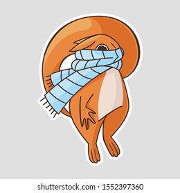 cartoon orange squirrel in a blue scarf rewound its face. Vector sticker 