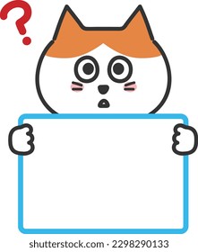 Cartoon orange tabby cat asking questions with a whiteboard, vector illustration isolated on a transparent background.