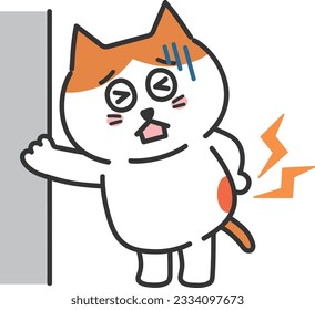 The cartoon orange tabby cat has a strained back, vector illustration.