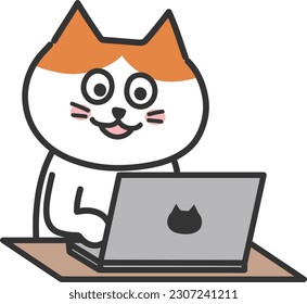 Dibujo naranja del gato tabby uniéndose a una reunión en línea con una computadora portátil, ilustración vectorial.