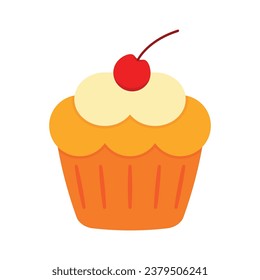 Cartoon orange tangerine cupcake with a cute cherry flat sweet dessert snack food vector clip art illustration isolated on white background