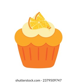 Cartoon-orangefarbener tangerischer Cupcakes mit süßen frischen Früchten flach, süßer Dessert, Snack-Lebensmittel, Vektorgrafik Clip-Illustration einzeln auf weißem Hintergrund