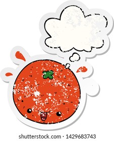 cartoon orange with thought bubble as a distressed worn sticker
