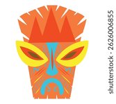 Cartoon Orange Tiki mask illustration. Tribal wooden mask totem in hawaiian style. Tribal tiki idol head.