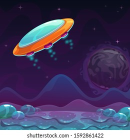 Cartoon orange UFO flying under the alien slimy landscape. Fantasy slime planet background, fantastic space illustration.