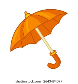 Ícone do guarda-chuva laranja dos desenhos animados. Guarda-chuva laranja brilhante com alça curva e dossel realçado. Estilo de desenho animado plano, isolado no fundo branco.