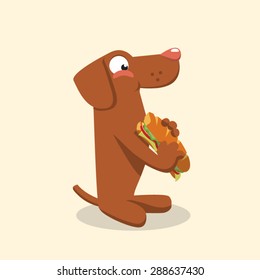 Cartoon Orange Vizsla Dog Eating Sandwich. Vector Illustration