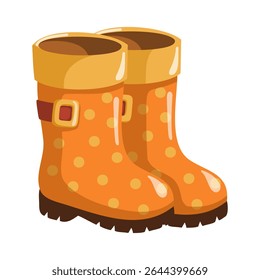 Cartoon orange wellington boots with yellow cuff and polka pattern. Autumn rain rubber boots. Fall season accessory. 