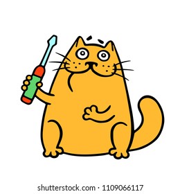 Cartoon orange worker cat holds a screwdriver. Building tools. Vector illustration.