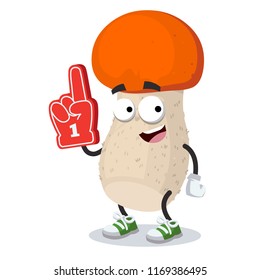 cartoon orange-cap mushroom character mascot with the number 1 one sports fan hand glove on a white background