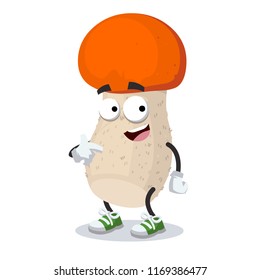 cartoon orange-cap mushroom mascot showing himself on a white background