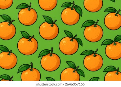 Cartoon oranges as a pattern on a green background - A seamless cartoon orange pattern on a fresh green background. Includes cute whole oranges, slices, and leaves.