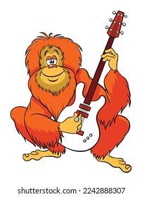 Cartoon orangutan with an electric guitar. Color vector image isolated on white. Funny orangutan plays the guitar.