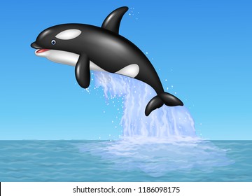 Cartoon orca jumping on the blue ocean background