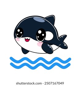 Ballena asesina de la orca de la historieta aislada en blanco. Ilustración vectorial plana.