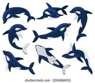 Cartoon orca whales, sea predator killer whale. Sea creature orca whale, underwater fauna killer whales isolated vector illustration set. Marine orca mammals. Collection of whale orca, animal predator