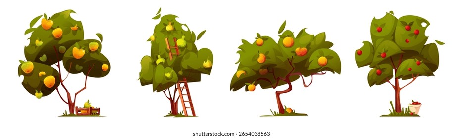Árvores de pomar de desenhos animados com frutos maduros - maçãs amarelas e vermelhas, peras e damascos em ramos verdes de folhas. Colheita agrícola definida com escada, cestos e frutas caídas para projeto de jardinagem agrícola.