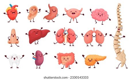 Personajes de órganos de dibujos animados con caras felices, anatomía linda. Personajes vectoriales de parte del cuerpo interno, corazón, hígado, cerebro, pulmones y dientes divertidos, riñón, estómago y bazo, intestino, vejiga, oído y nariz