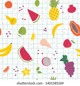 Cartoon  organic fruits hand draw seamless pattern. Organic healthy food in scandinavian style. Use for textile, print, surface design, fashion kids wear 