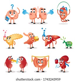 Cartoon organs collection vector illustration. Animated inner human parts for kids as basic anatomical handout. Healthy physiological elements with funny associatively activities. Live characters set.