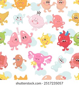 Cartoon organs seamless pattern. Funny medical background with lungs, bladder bone brain. Doctor uniform fabric print nowaday vector design