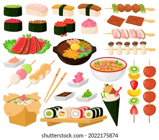 Cartoon oriental asian cuisine street food delicious dishes. Japanese food, noodles, sashimi, seafood sushi rolls vector illustration set. Delicious chinese or japanese food, fruit desserts on skewers