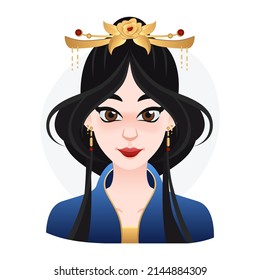 Cartoon oriental beautifull woman. Long black hair with crown on top. Asian princess illustration for web, game or advertisign