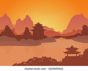 Cartoon Oriental Chinese Card Poster Landscape Background Tourism Elements Nature Scene Concept Flat Design. Vector illustration of Traditional Panorama