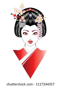 Cartoon oriental girl with black hair, asian hairstyle.