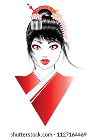 Cartoon oriental girl with black hair, asian hairstyle.