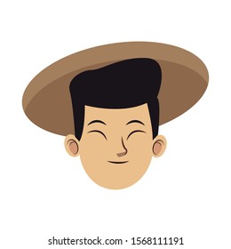 cartoon oriental man with traditional hat over white background, colorful design , vector illustration